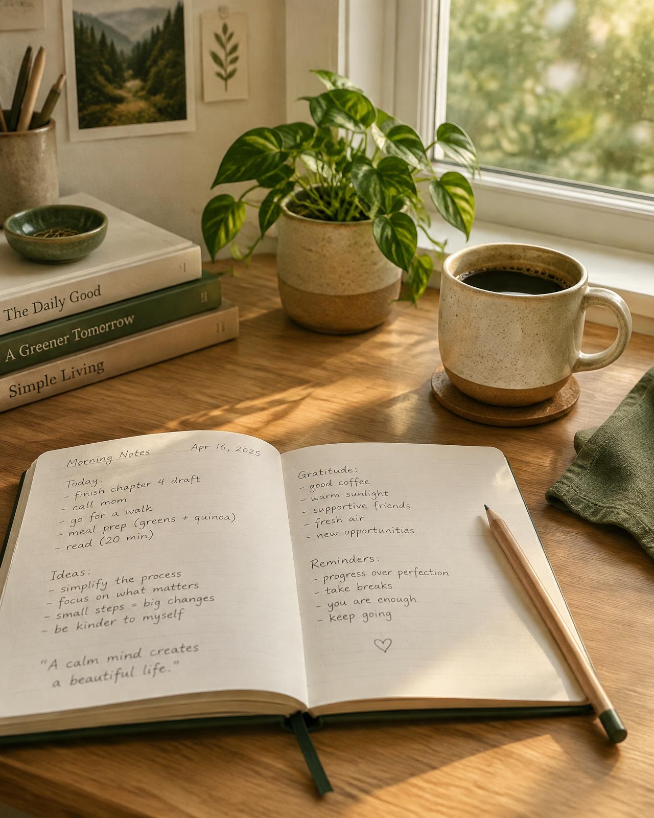 Aufgeräumter Schreibtisch mit Notizbuch, Kaffee und Pflanze im Morgenlicht